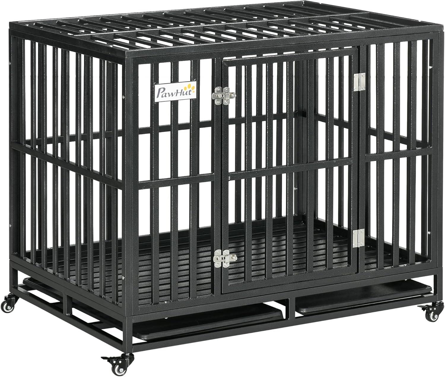 PawHut 41" Heavy Duty Dog Crate Metal Kennel and Cage Dog Playpen with Lockable Wheels, Slide-out Tray and Anti-Pinching Floor