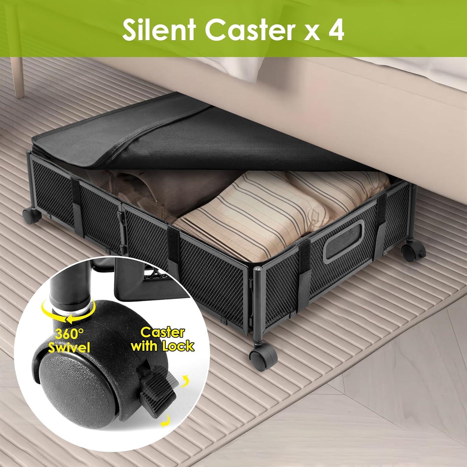 Black Metal Rolling Under Bed Storage Containers with Dust Lids