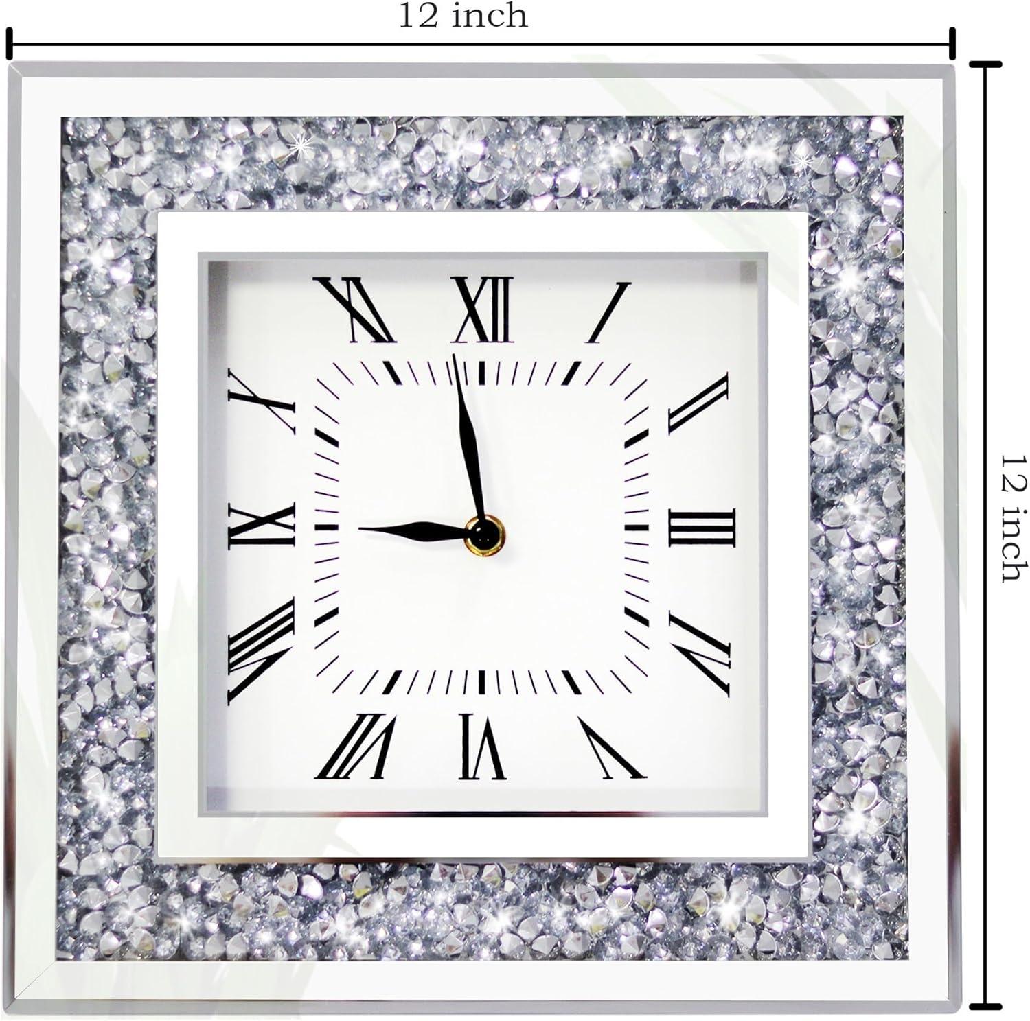 Silver Glass Mirrored Square Wall Clock with Crushed Diamonds