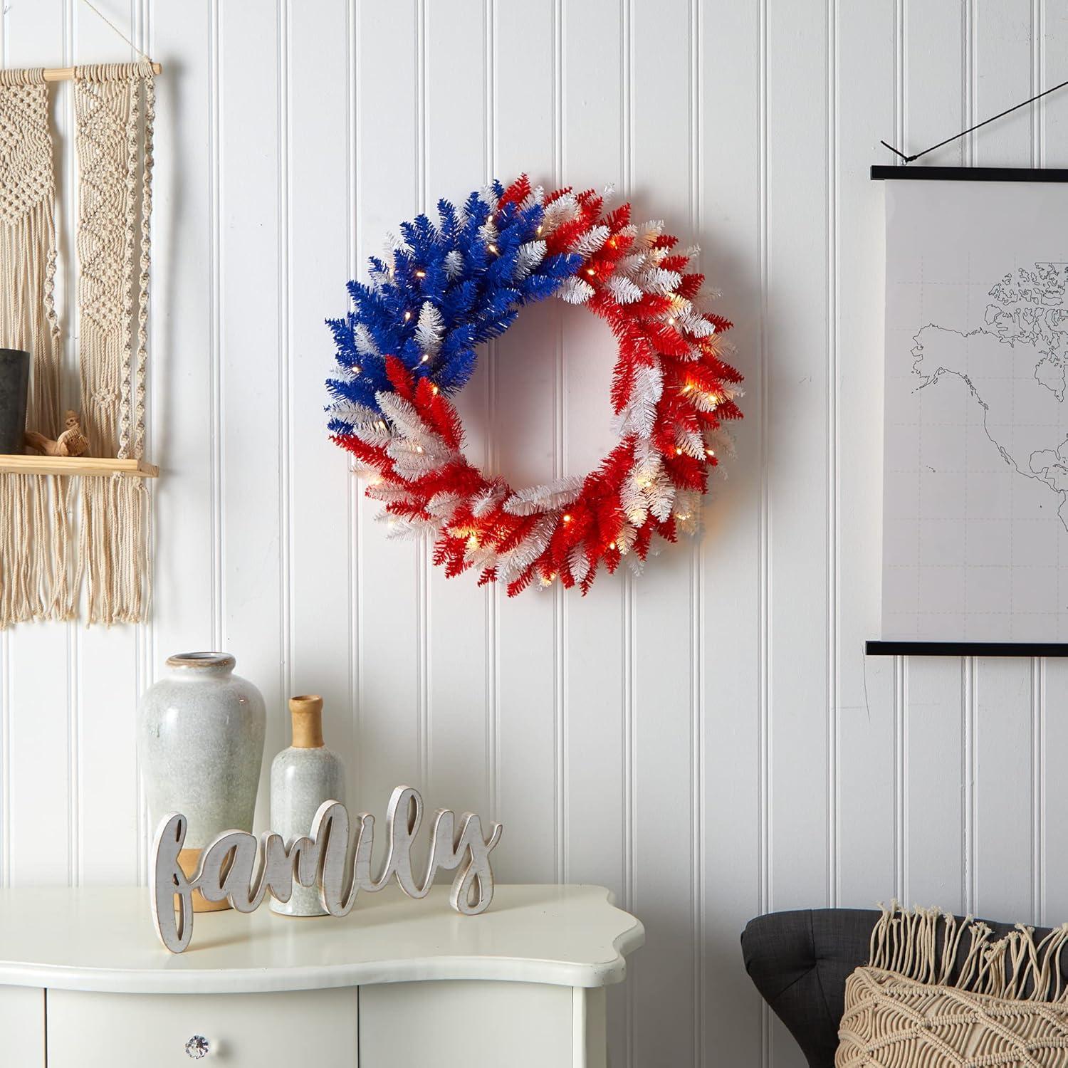 Nearly Natural 24” Patriotic Red, White and Blue “Americana” Wreath with 35 Warm LED Lights