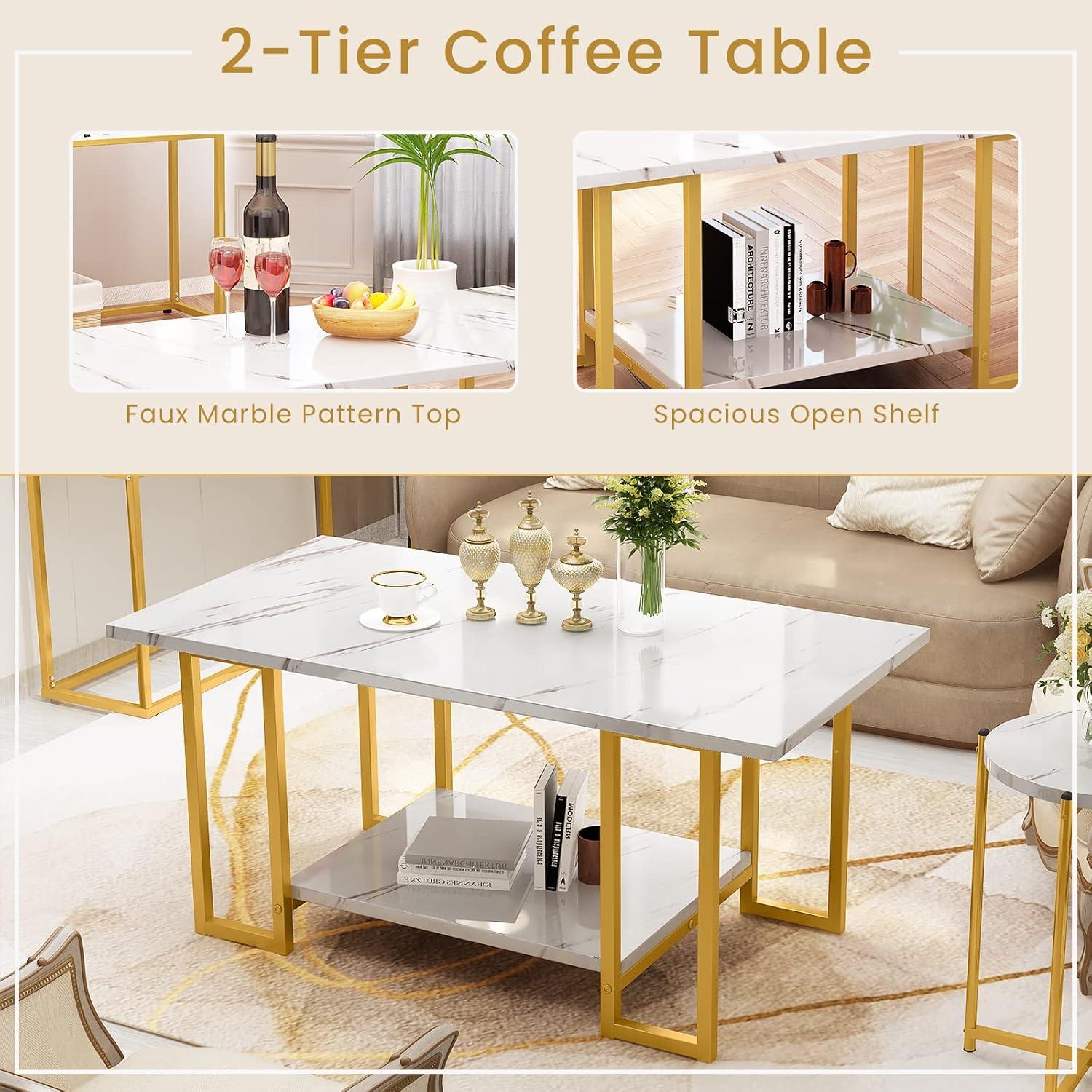 AWQM 3 Piece Modern Faux Marble Coffee Table and Coffee Table Set with Storage Shelves.