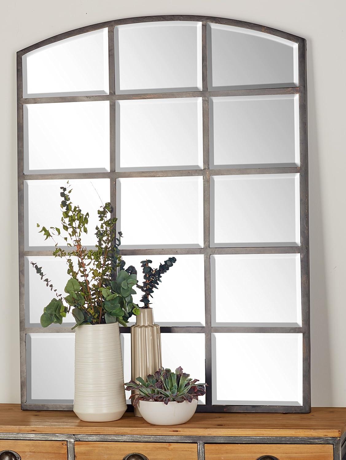 DecMode Geometric Window Pane Arch Wall Mirror, 36" W x 48"H, Dark Brown Finish