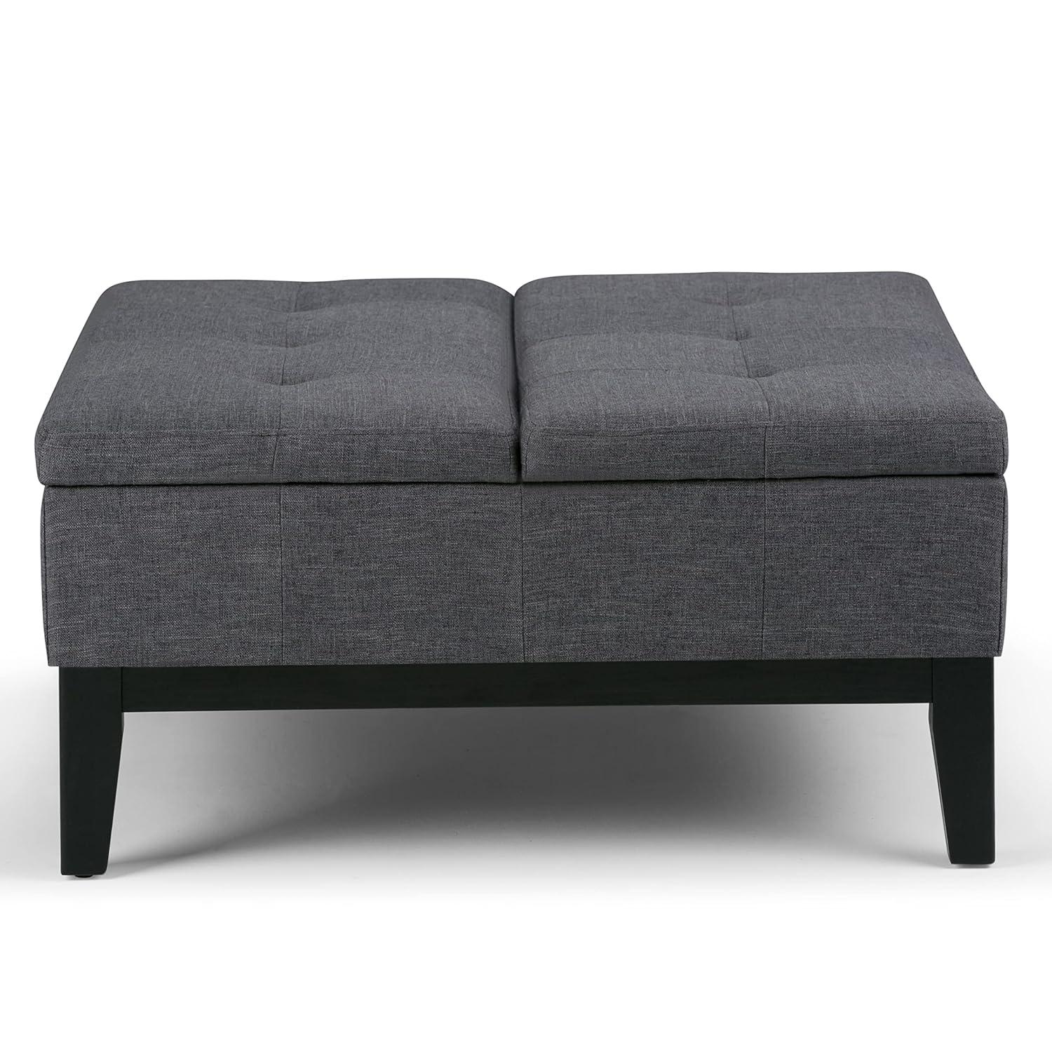 Simpli Home Dover 36"W Upholstered Square Coffee Table Storage Ottoman with Split Tufted Lift Top