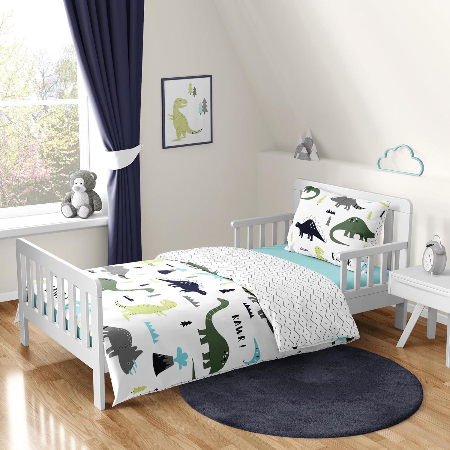 Blue and Green Dinosaur Toddler Bedding Set with Chevron Print