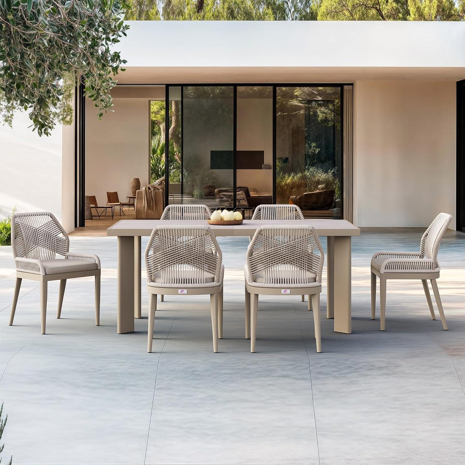 PURPLE LEAF 7 Pieces Patio Dining Set Aluminum Rectangular Table and Wicker Chairs with Cushions for Kitchen Porch Garden Modern Outdoor Furniture Sets, Beige and Dark Grey