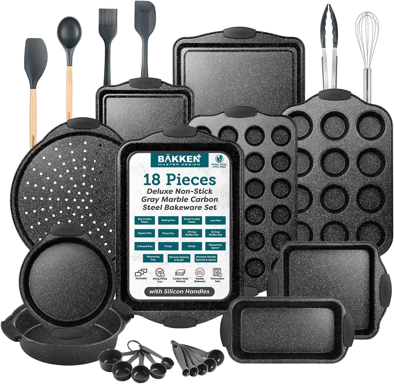 BAKKEN 18-Piece Nonstick Oven Baking Set: Gray Marble Coating, Carbon Steel, Silicone Handles, Dishwasher Safe, PFOA-Free, Professional Quality