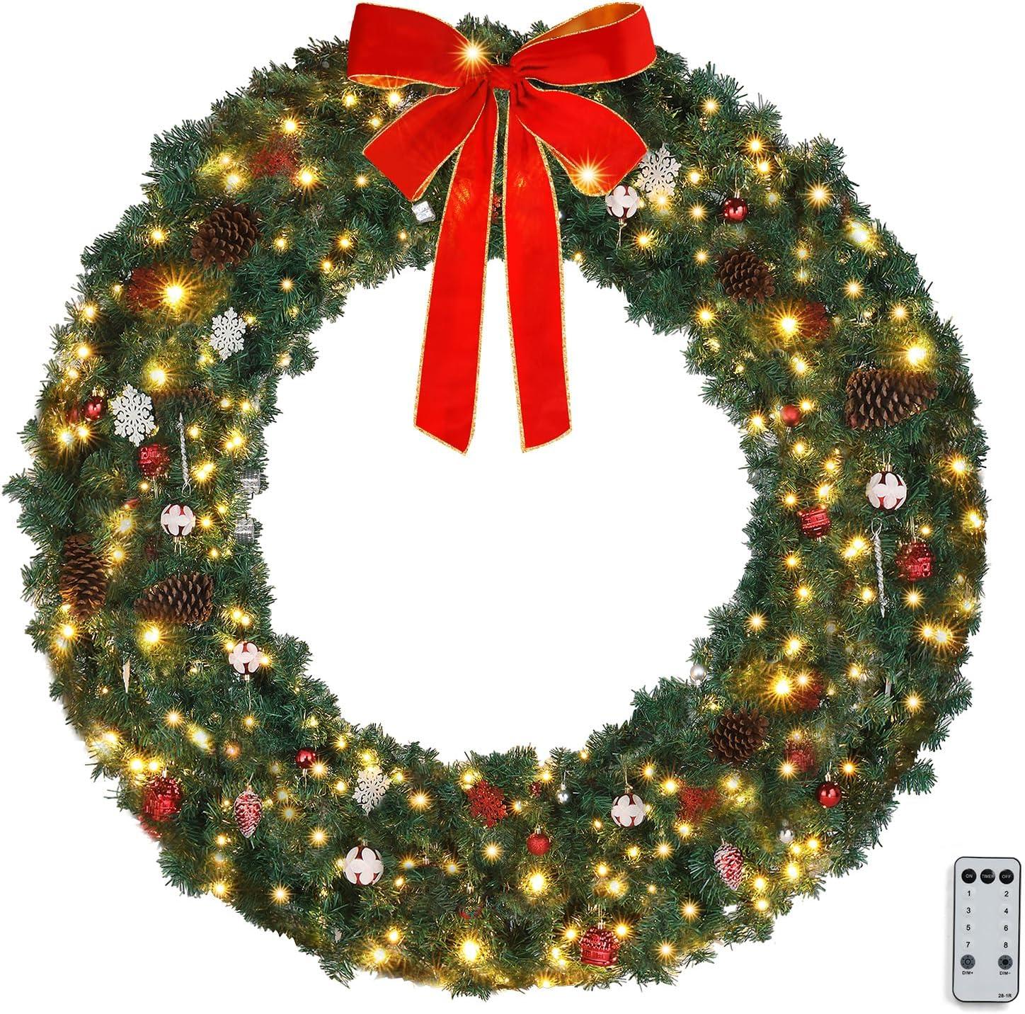 60in Green PVC Christmas Wreath with Lights and Red Bow