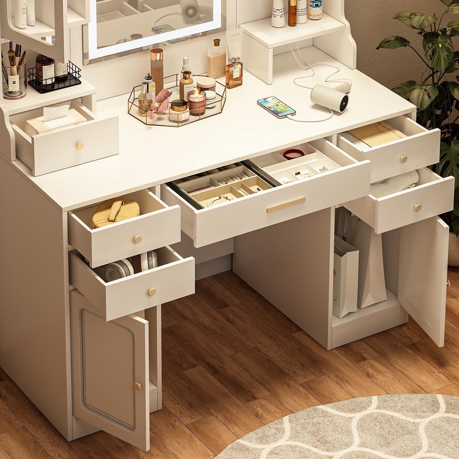 Makeup Vanity Desk with Mirror and Lights, Large Vanity Table Set with 6 Drawers & 2 Storage Cabinet & Shelves with Doors, with Charging Station, 3 Lighting Modes Brightness Adjustable