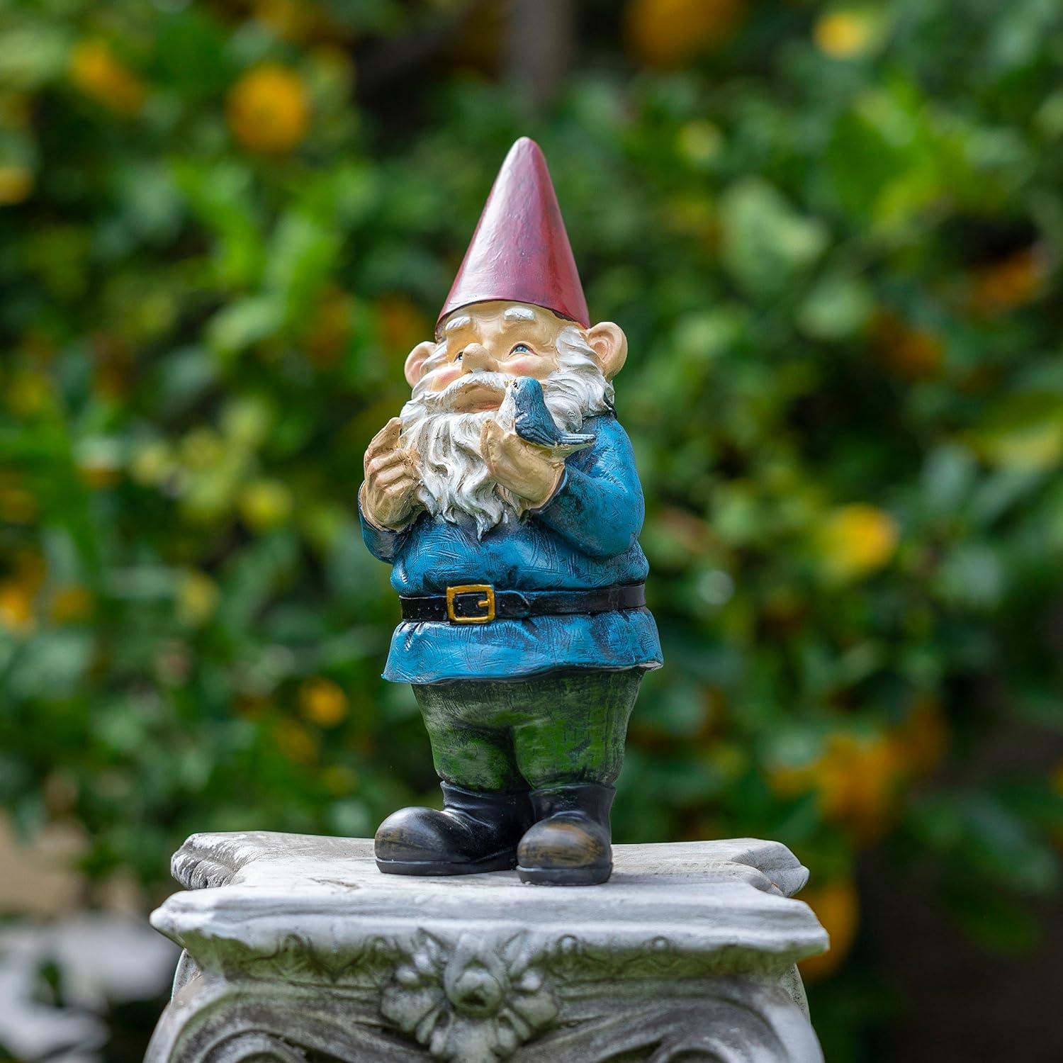 12-Inch Multicolor Garden Gnome with Bird Statue