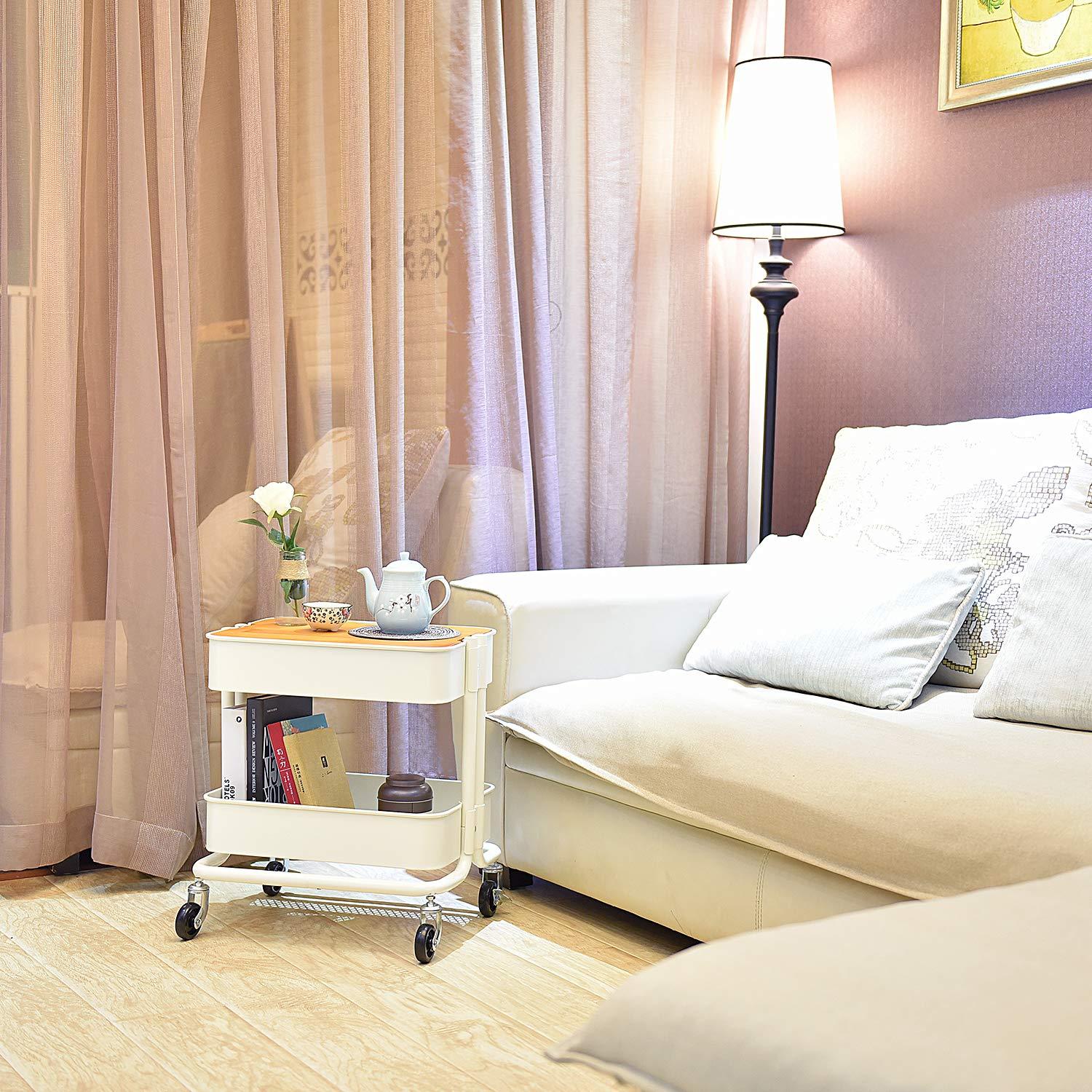 Melody House 2 Tier Metal Utility Rolling Cart Storage Organizer with Cover Board, Mobile Trolley Sofa Side Table with Wheels for Office Home Kitchen Organization, White