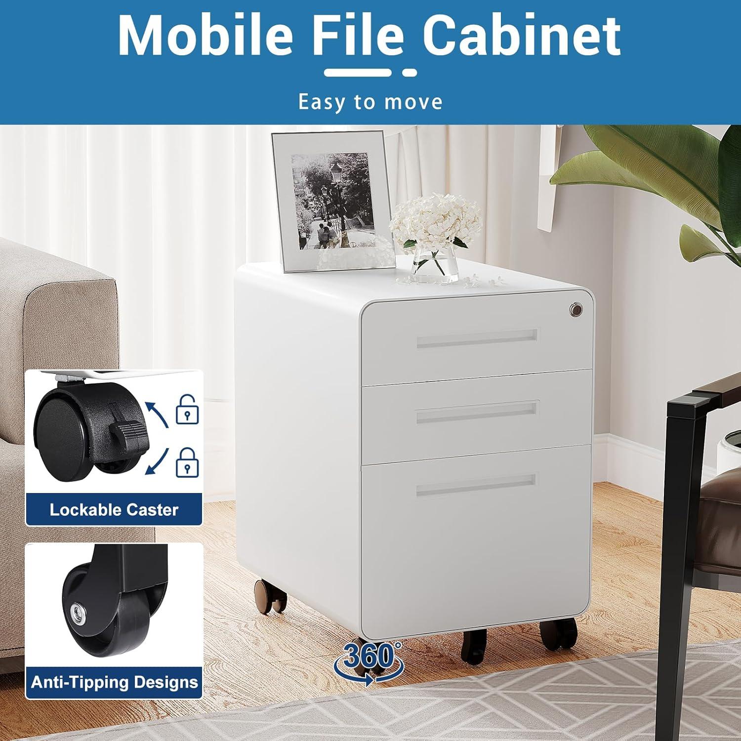 3 Drawer File Cabinet with Lock,Under Desk File Cabinet,White Rolling File Cabinet,Three Drawer Filing Cabinet for Home Office with Wheels,Fit A4/Letter/Legal File,Fully Assembled Except Casters