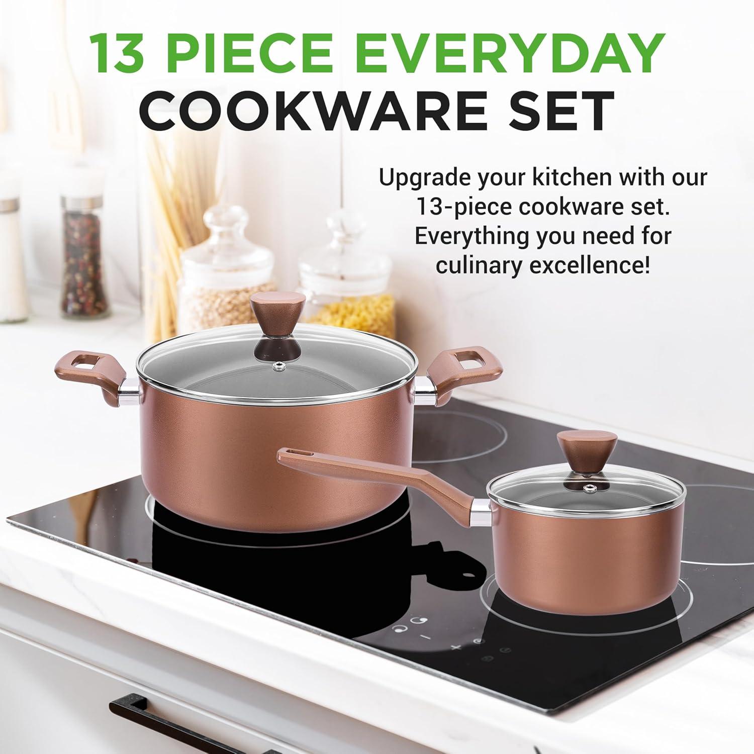 NutriChef 13-Piece Nonstick Cookware Set with Lids and Utensils - Stylish Brown