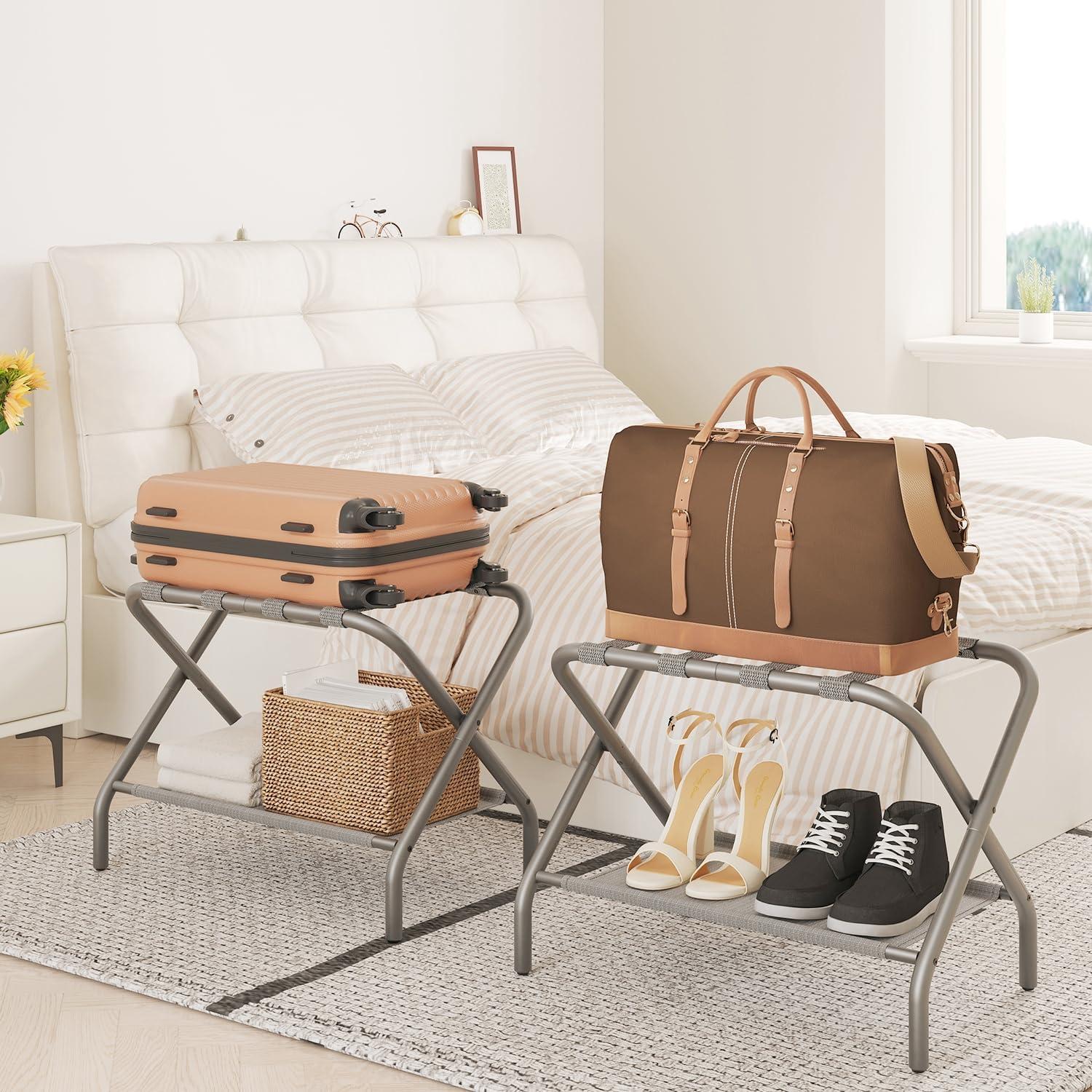 SONGMICS Luggage Rack with Fabric Storage Shelf Suitcasa Stand for Guest Room Bedroom Holds up to 110 lb Set of 2 Gray