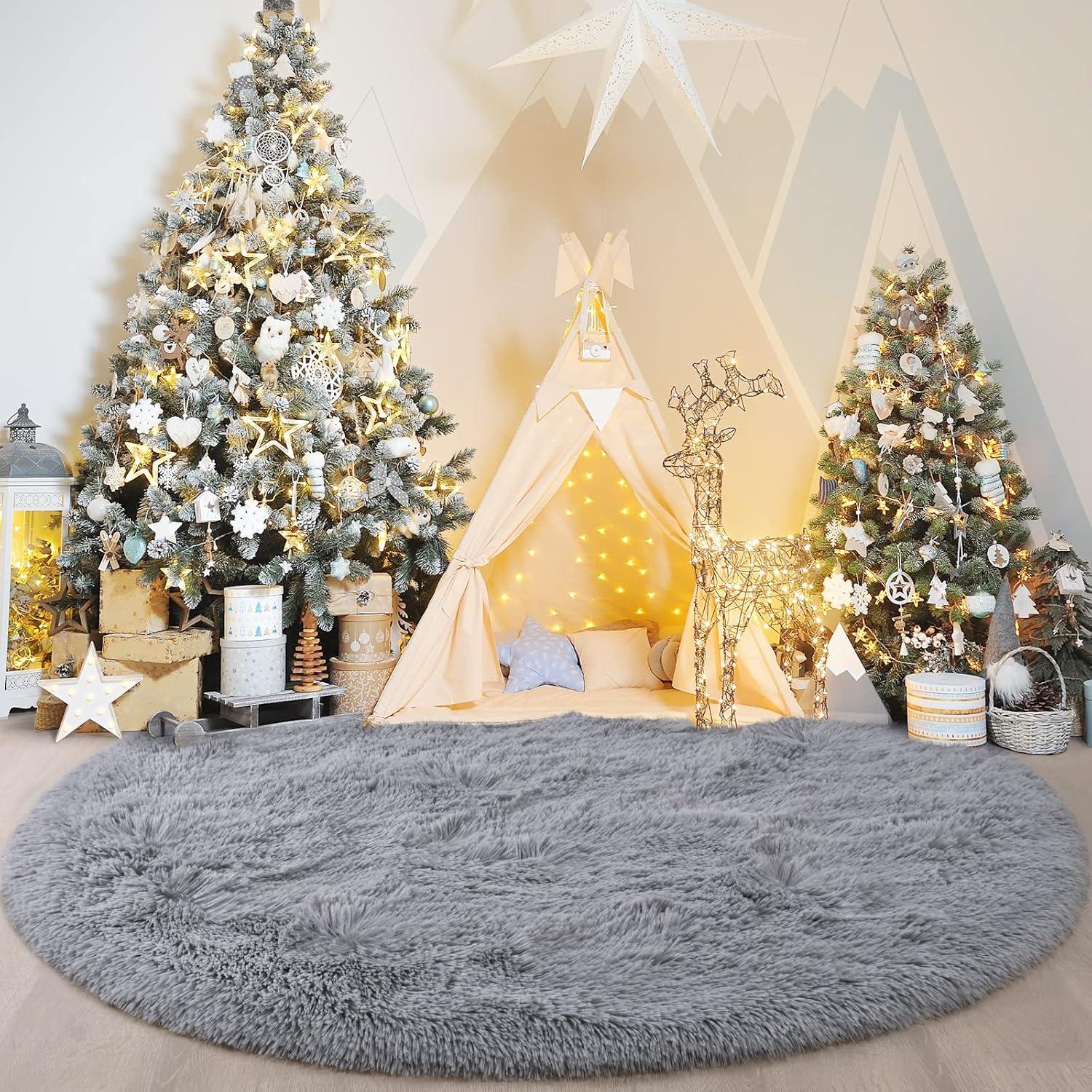 Arogan Luxury Round Fluffy Area Rugs for Bedroom Kids Girls Room Nursery, Super Soft Circle Rug, Cute Shaggy Carpet for Children Living Room, 5ft Gray