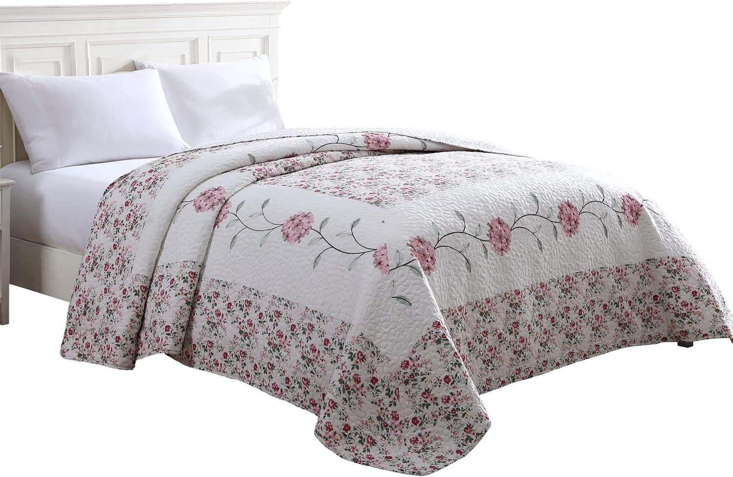 Rose Floral Embroidered Microfiber Full Bedspread