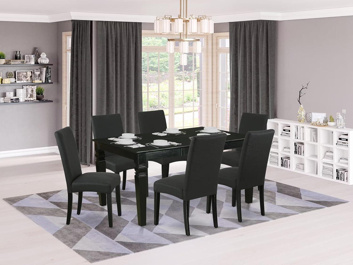 East West Furniture WEDR7-BLK-24 7 Piece Dining Set Consist of a Rectangle Dining Room Table with Butterfly Leaf and 6 Black Color Linen Fabric Upholstered Chairs, 42x60 Inch, Black