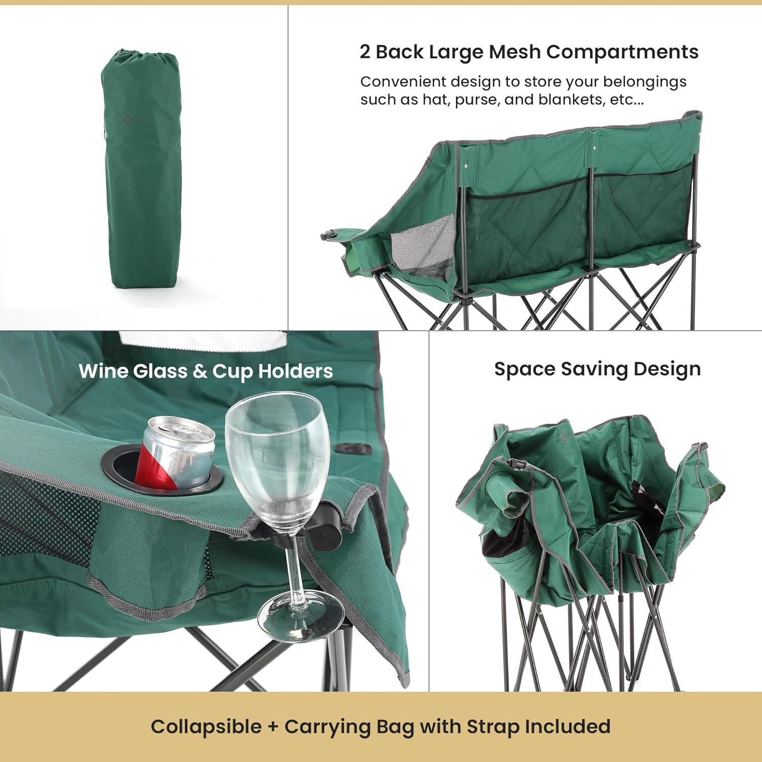 Arrowhead Outdoor Portable Folding Double Duo Camping Chair Loveseat Couch w/ 2 Cup & Wine Glass Holder, Supports up to 500lbs (Forest Green)