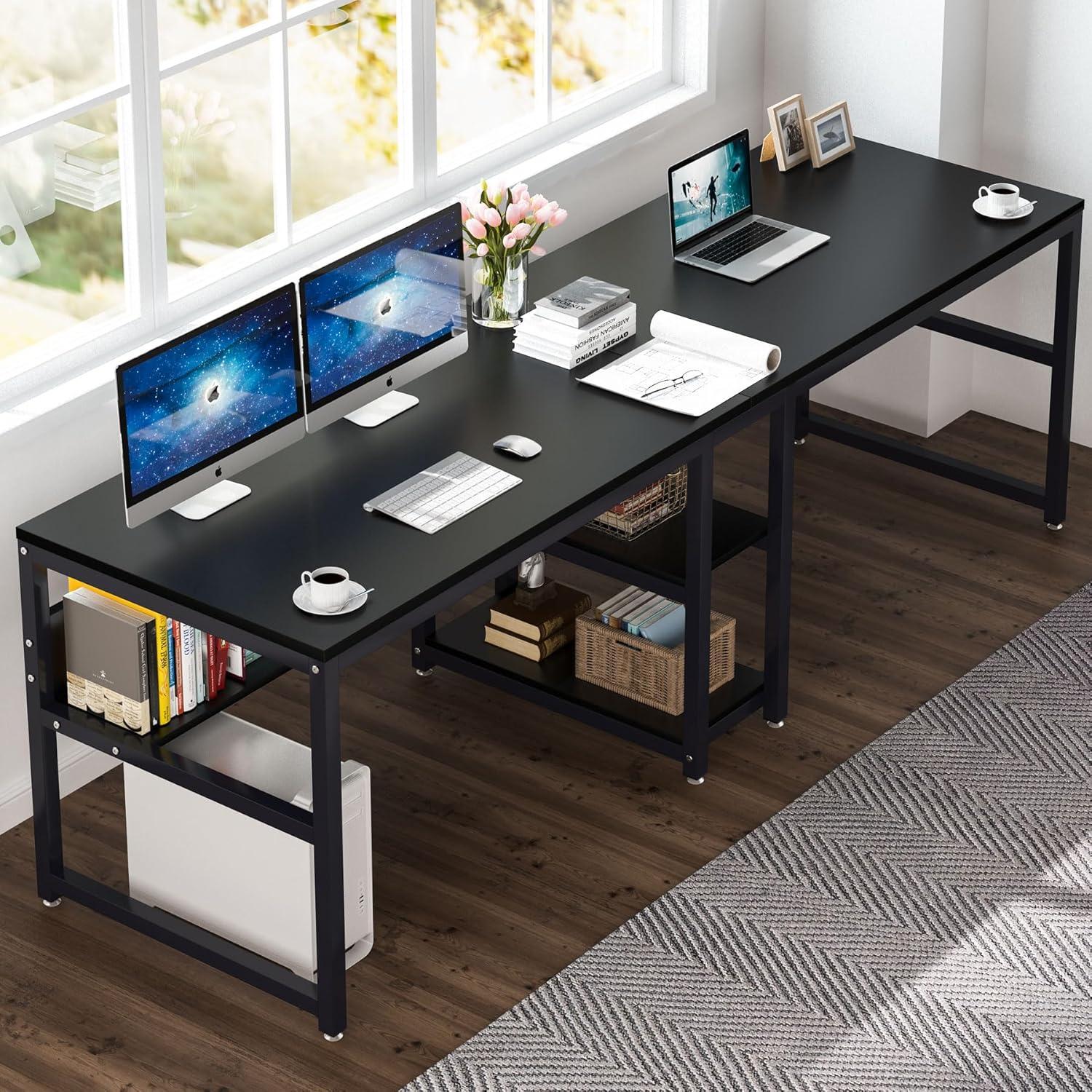 Tribesigns 78.7 Two Person Desk, Computer Double Office Desk with Bookshelf for Two Person, Industrial Writing Desk Workstation with Shelf for Home Office (Black)