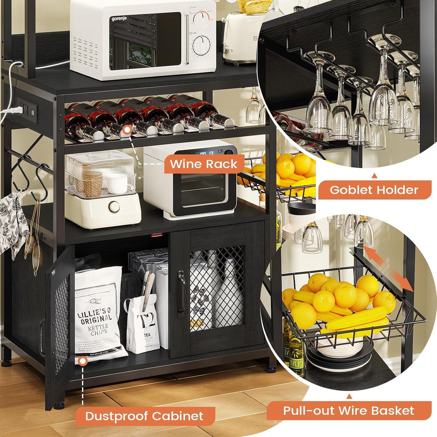 Kitchen Bakers Rack with Storage Shelves, Microwave Stand with Power Outlet and LED Light, Coffee Bar Cabinet Wire Basket Metal Grid Wine Rack Goblet Holder Hooks (Black, Small)