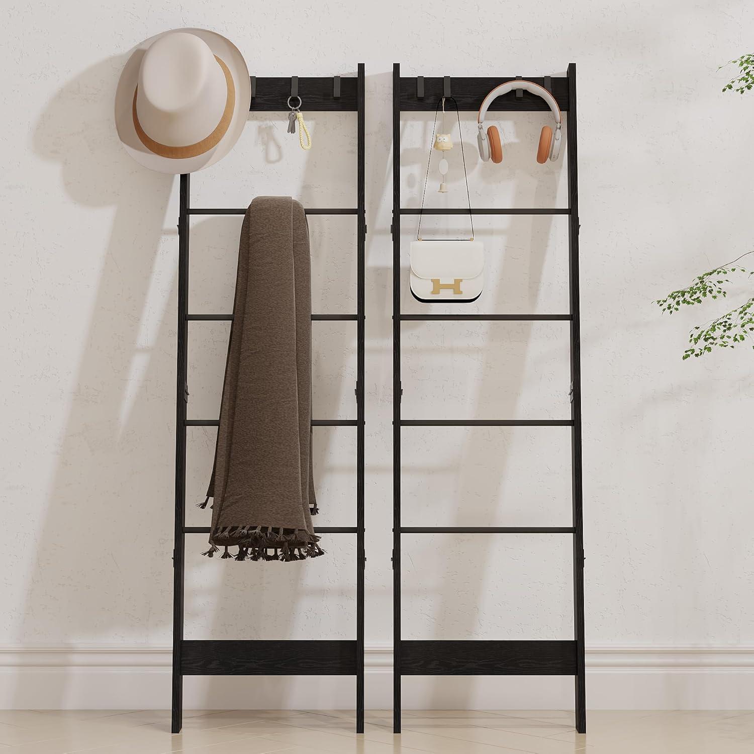 6 Tier Blanket Ladder Shelf For Living Room And Bedroom, Ladder Holder With 4 Metal Hooks, 5.2Ft Blanket Quilt Holder Rack, Farmhouse Ladder Rack For Storage And Home Decor