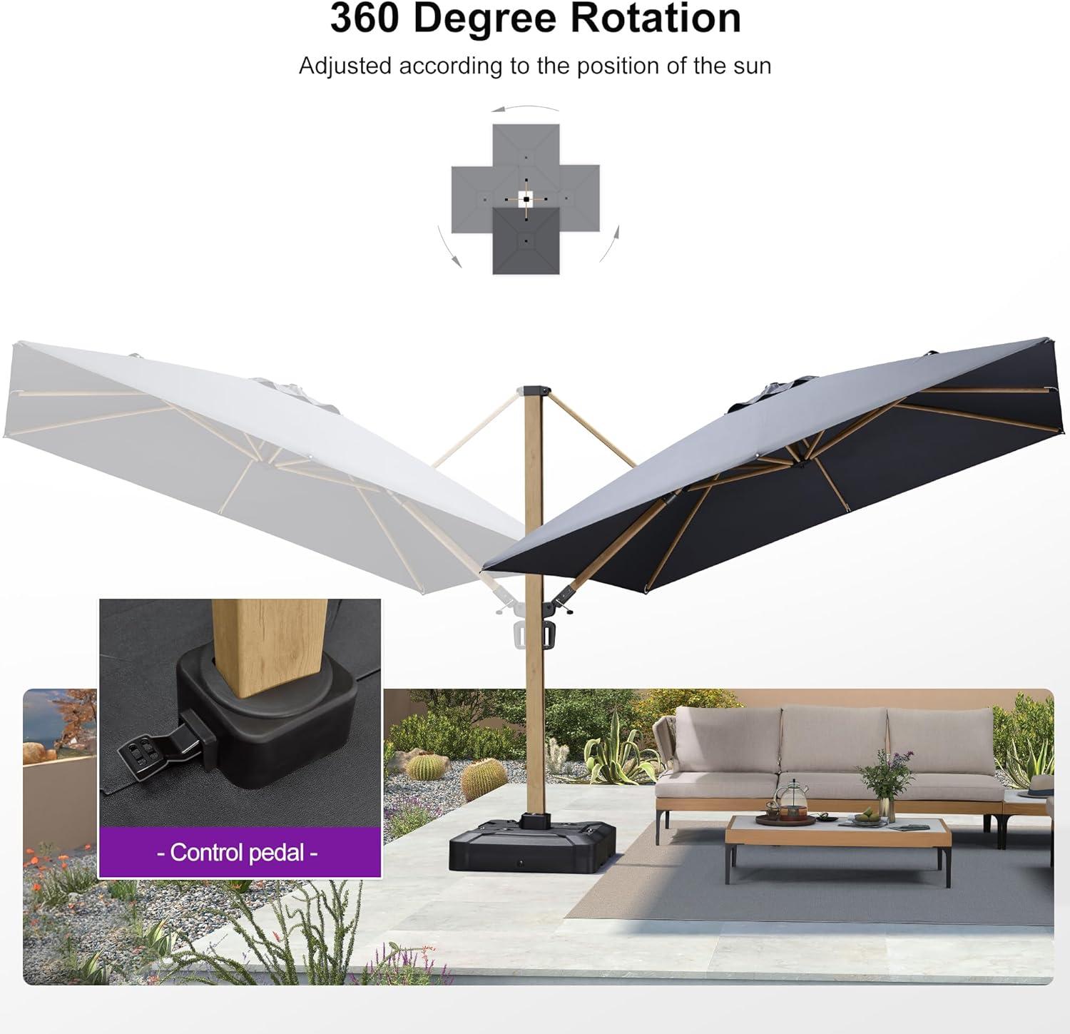 PURPLE LEAF 10FT Patio Umbrella Square Cantilever Umbrella Teak Finished Aluminum Frame Large Windproof Offset Outdoor Sun Umbrellas for Beach Pool Deck, Grey