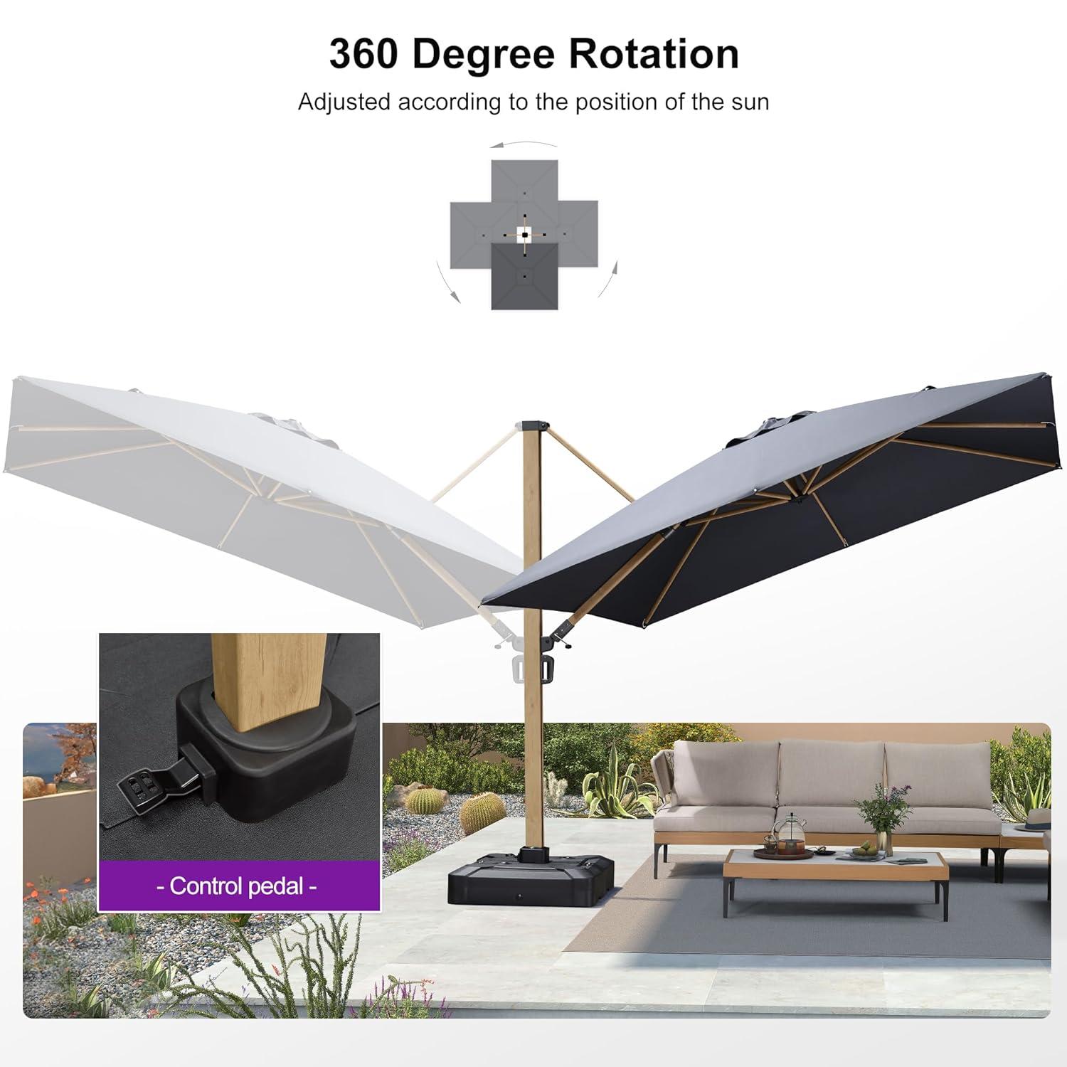 PURPLE LEAF 10FT Patio Umbrella Square Cantilever Umbrella Teak Finished Aluminum Frame Large Windproof Offset Outdoor Sun Umbrellas for Beach Pool Deck, Grey
