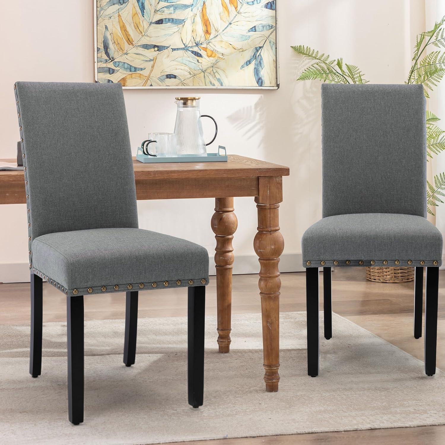 Upholstered Dining Chairs Set pf 2 Studded Parson Chairs with Nailheads and Sturdy Wooden Legs, Grey