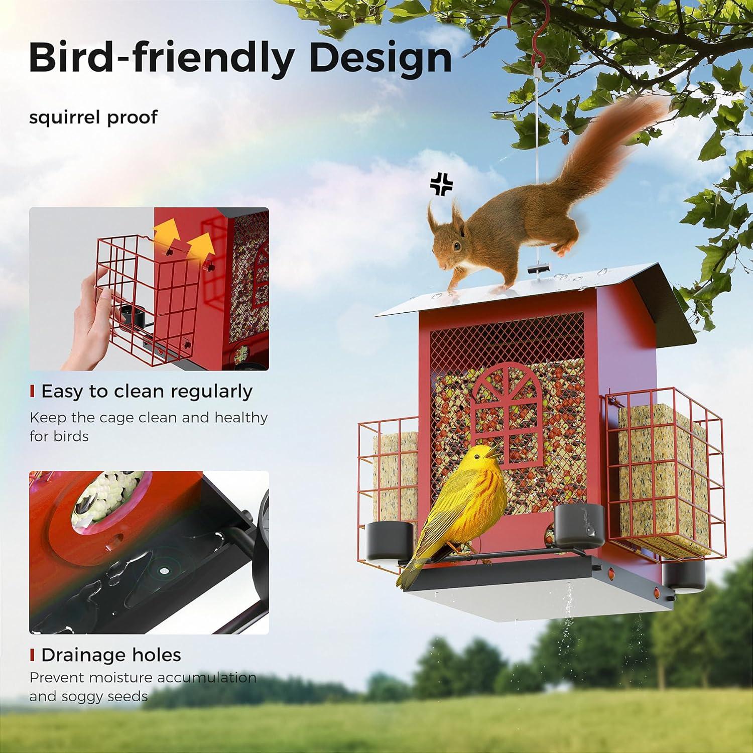 PerchMe® Bird Feeders for Outdoors Hanging, Metal Bird House Feeder with 2 Suet Cage and 4 Water Cups,Large Capacity,Weatherproof,Easy to Clean & Refill-Red