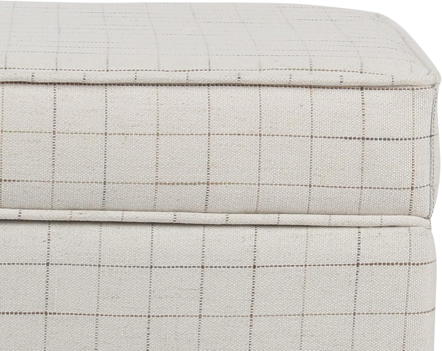 Benzara Wooden Square Ottoman with Grid Patterned Fabric Upholstery and Hidden Storage, Beige and Brown
