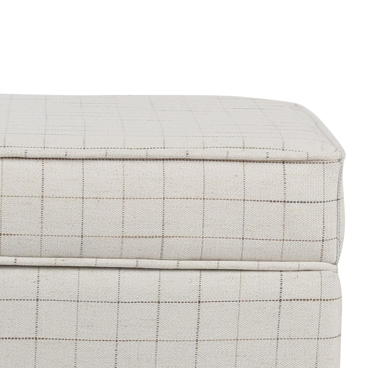 Benzara Wooden Square Ottoman with Grid Patterned Fabric Upholstery and Hidden Storage, Beige and Brown