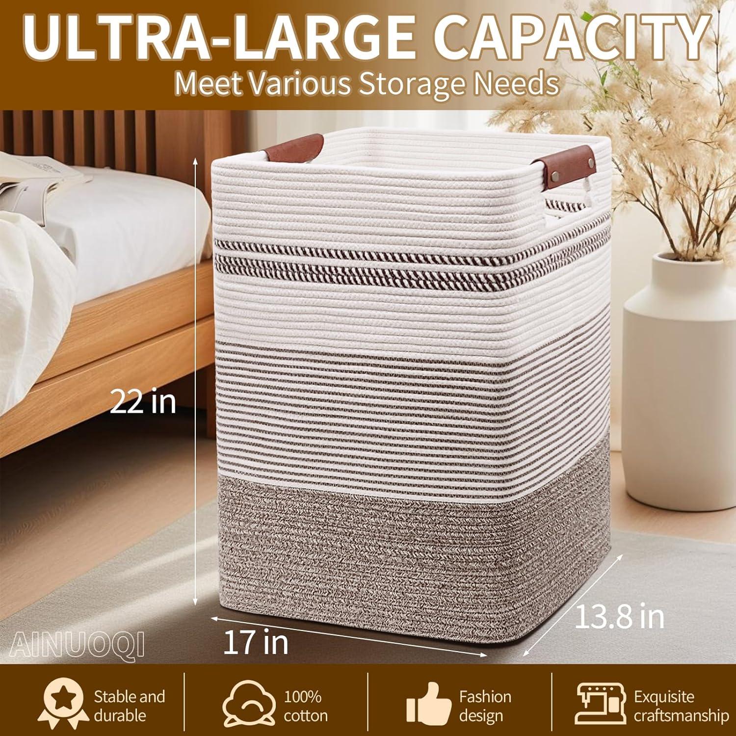 Laundry Hamper - Tall Woven Rope Laundry Basket - Clothes hamper with Leather Handles, 17.8" X 13.8" X 22", Blanket Storage Basket for Living Room, Rice Brown & White