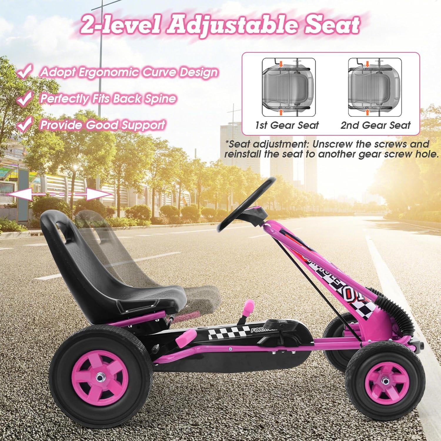 Costway Go Kart 4 Wheel Pedal Powered Kids Ride On Toy with Adjustable Seat Pink