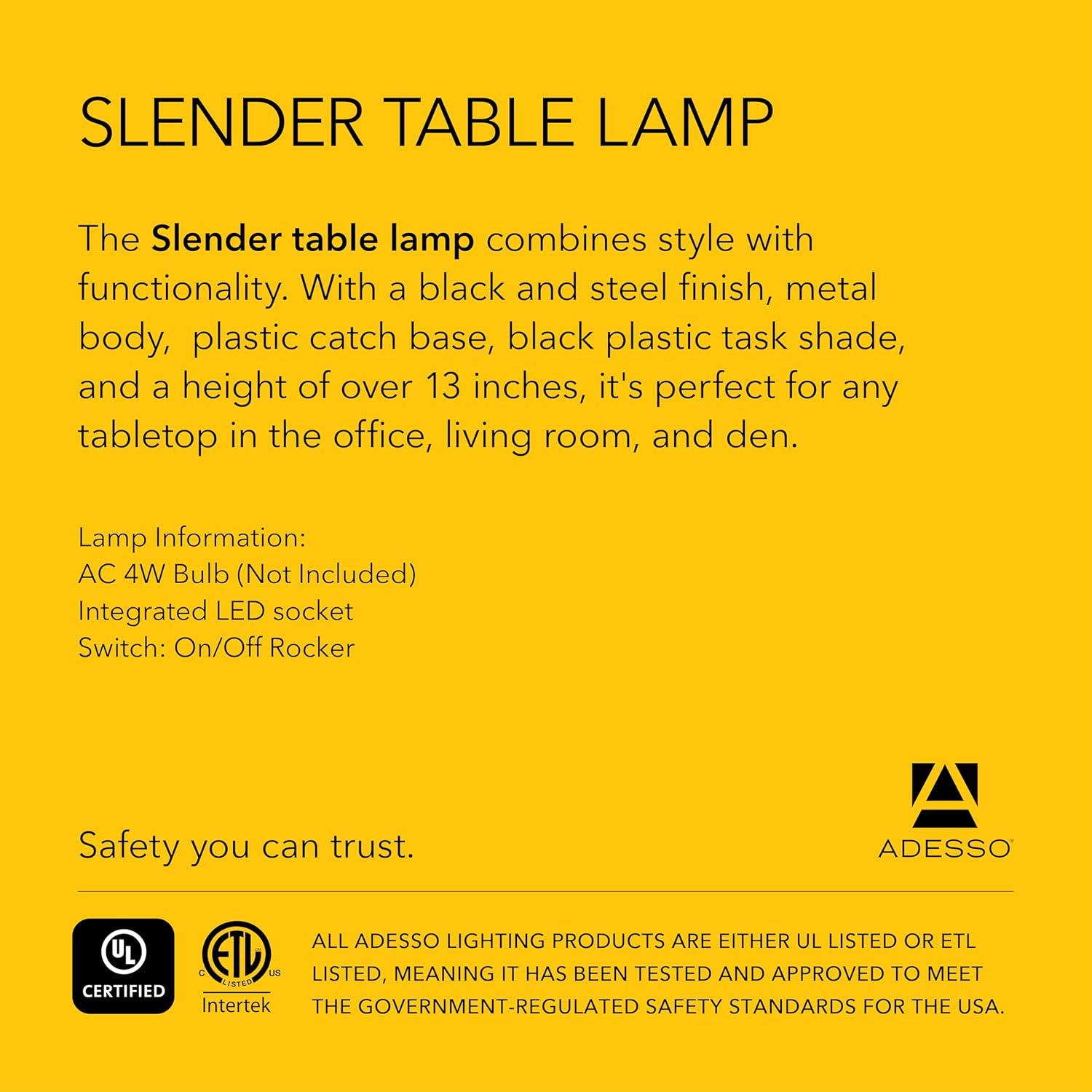 Adesso Slender Desk Lamp: Energy-Efficient 4W LED, Adjustable Gooseneck, ETL Listed, Modern Style