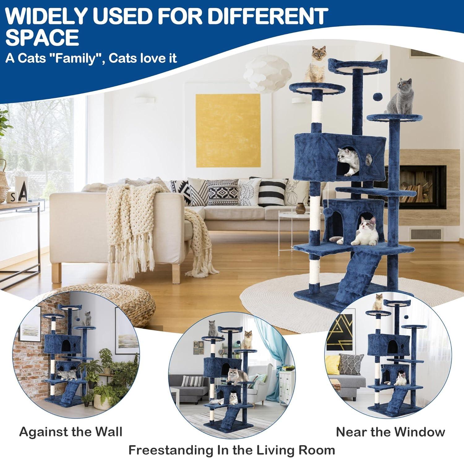 FDW 54in Cat Tree Tower Multi-Level Scratching Post & Play House for Indoor Cats/Kittens, Navy Blue