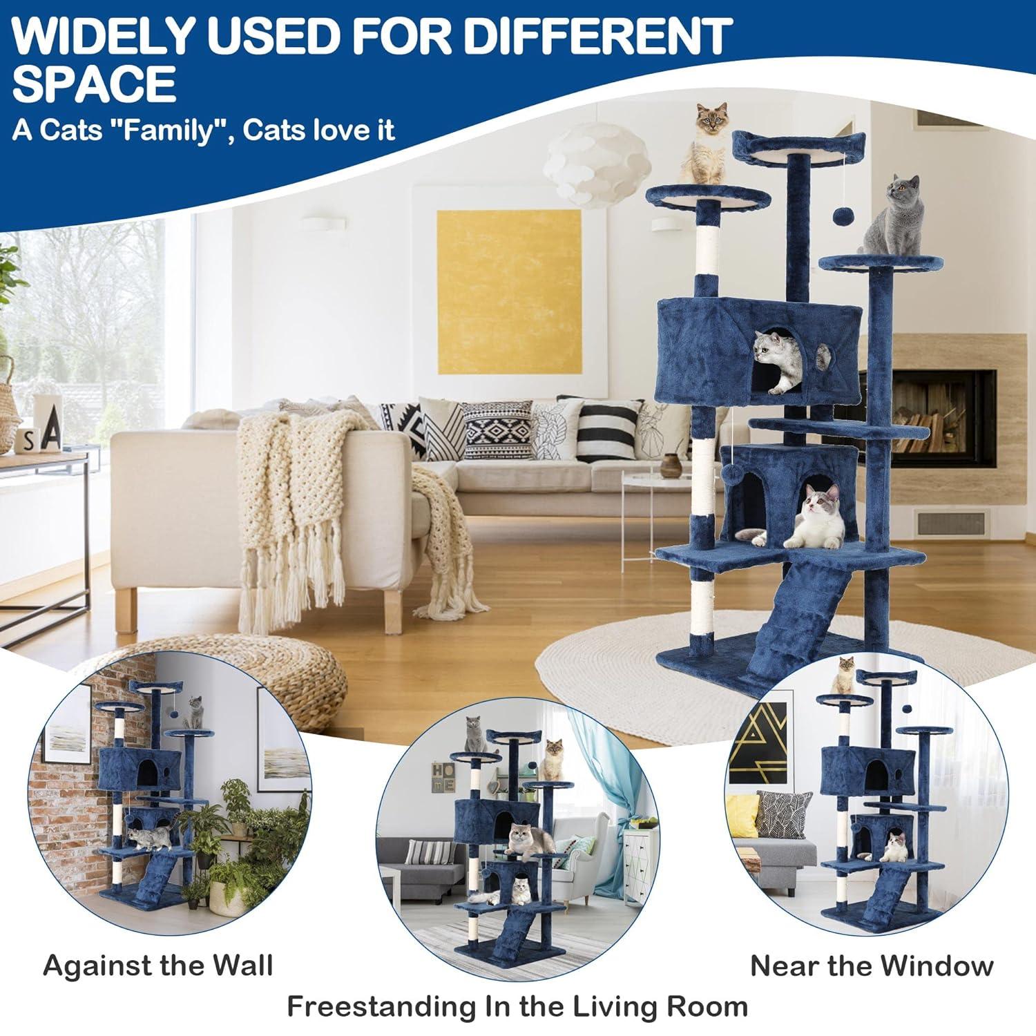 FDW 54in Cat Tree Tower Multi-Level Scratching Post & Play House for Indoor Cats/Kittens, Navy Blue