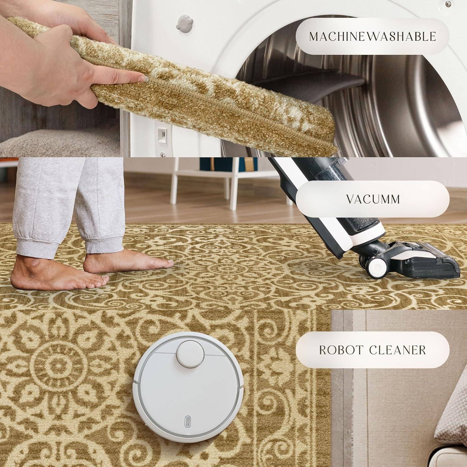 Maples Rugs Pelham Transitional Vintage Scroll Khaki Washable Hallway Runner Rug, 2' x 6'
