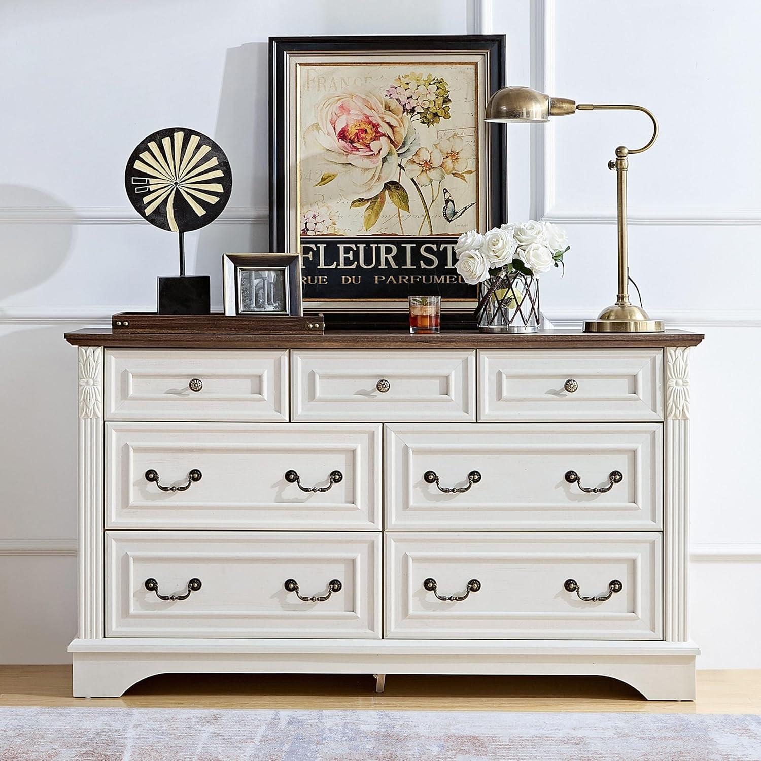 Farmhouse 7 Drawers Dresser, Dressers for Bedroom, 54" Wide Wood Rustic Chest of Drawers with Carved Pilasters, Storage Organizer, Living Room, Hallway, Antique White