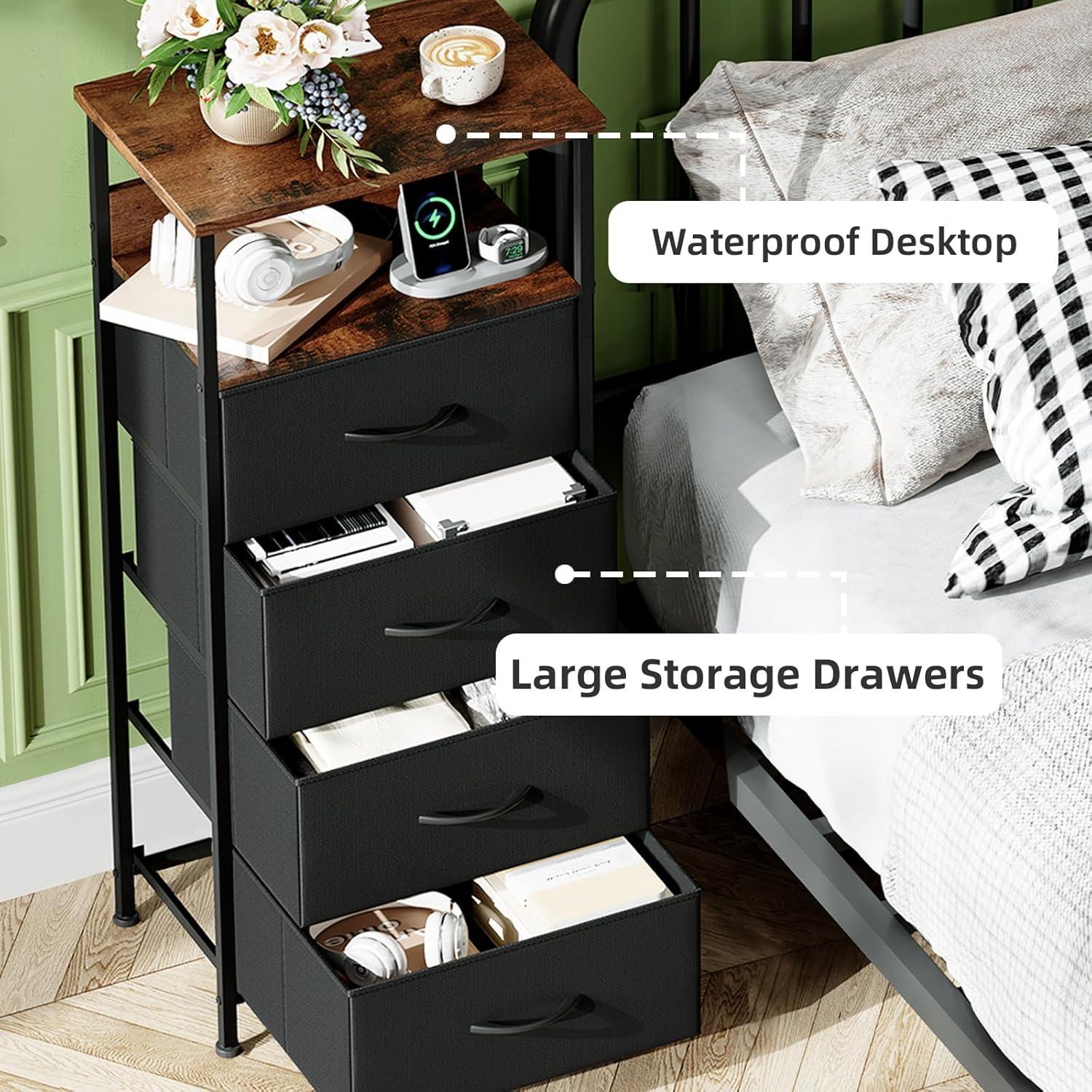 Eunos Black Dresser for Bedroom, 4 Drawer Nightstand with Charging Station, LED and Open Shelf