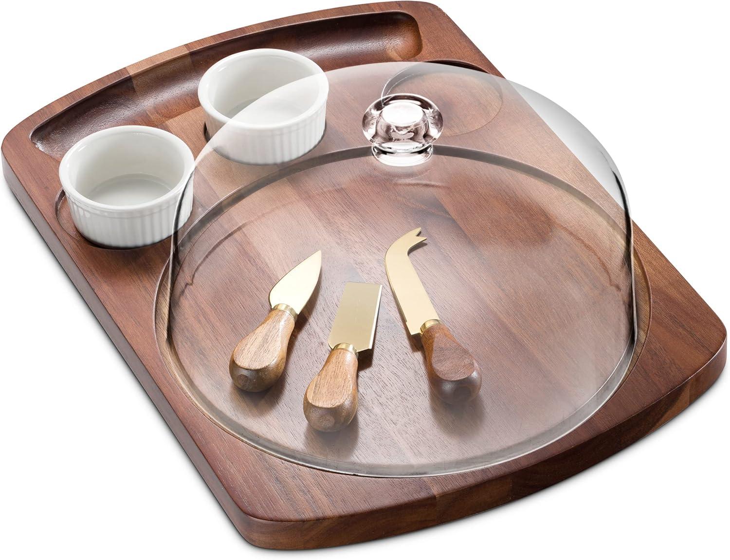 Acacia Wood Cheese Board Set with Acrylic Dome and Dip Bowls