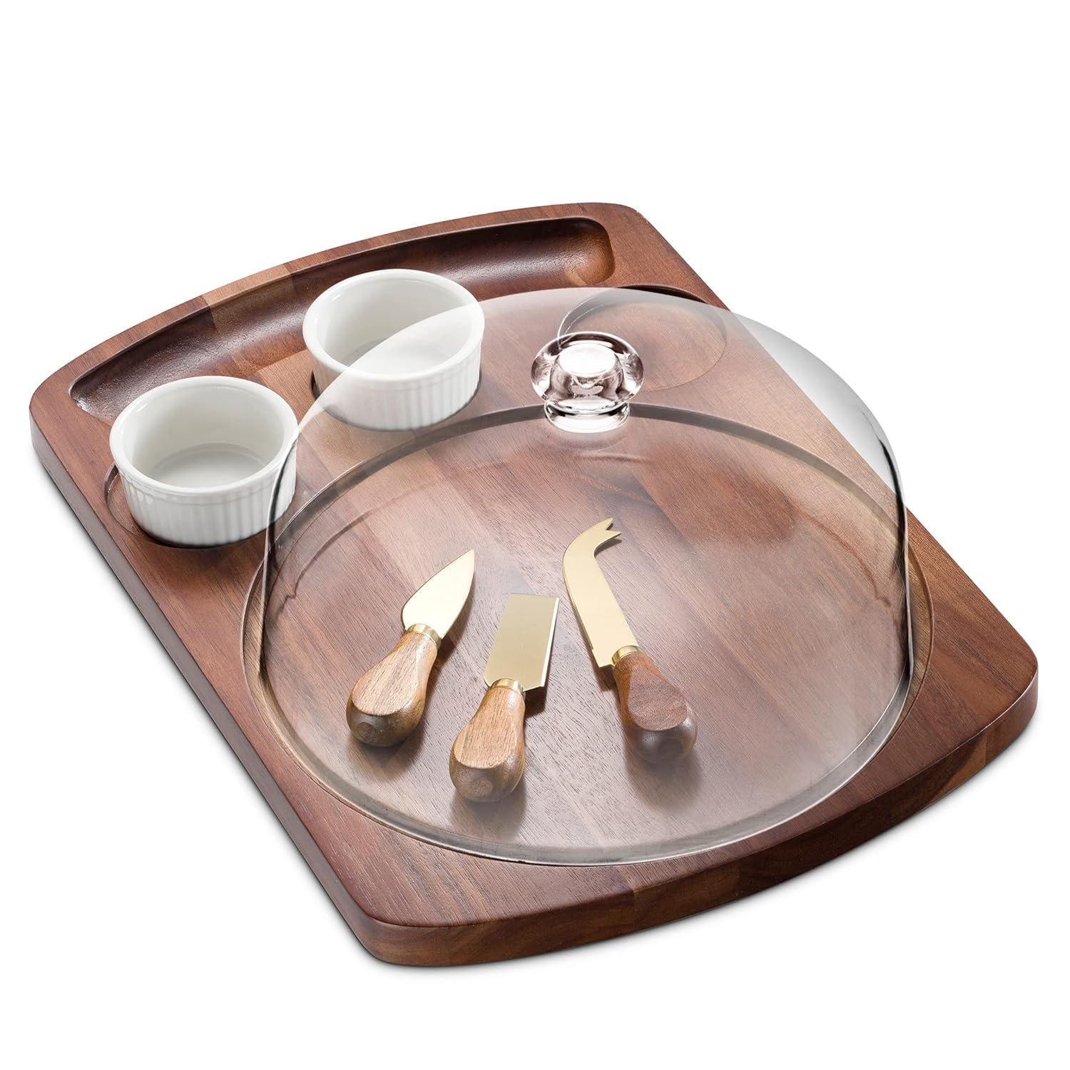 Acacia Wood Cheese Board Set with Acrylic Dome and Dip Bowls