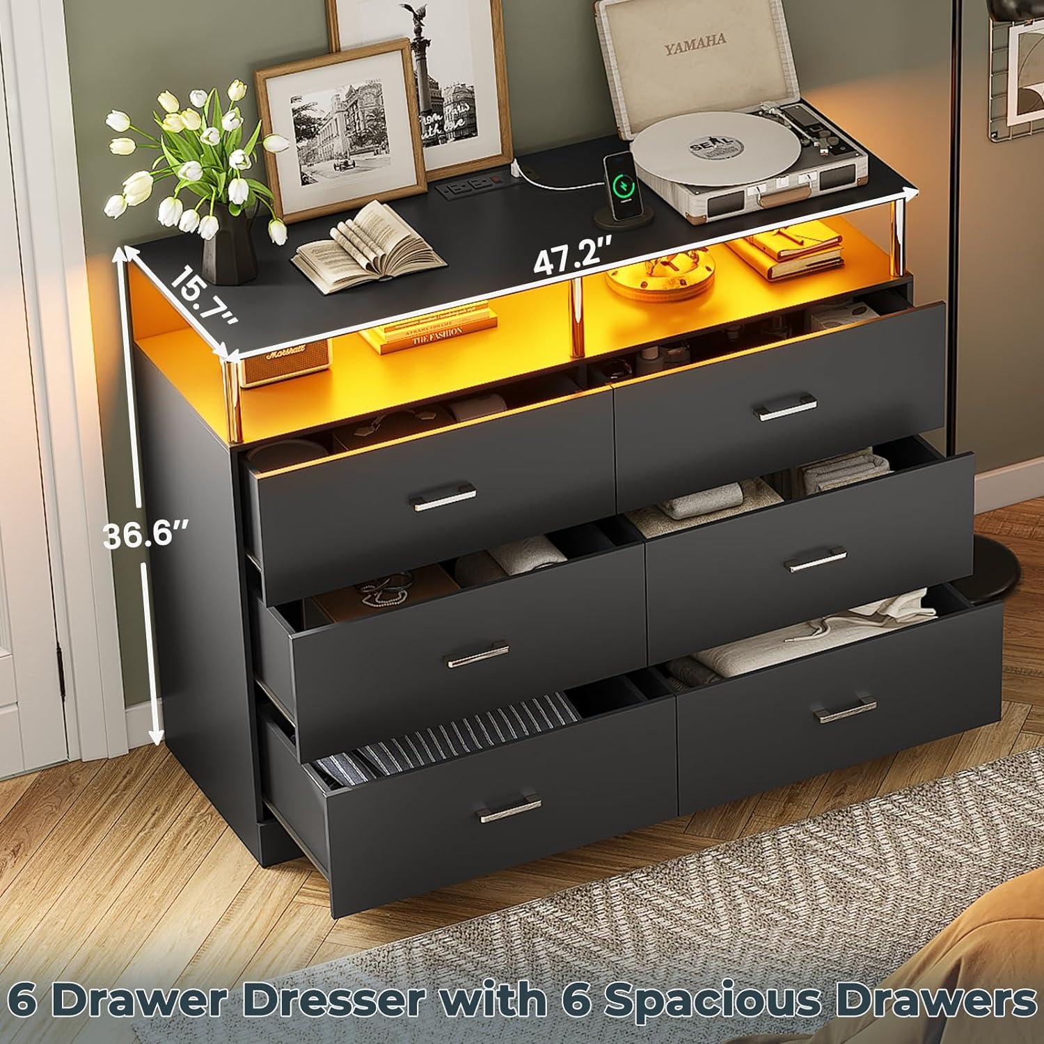 6 Drawer Dresser with Charging Station, Modern Bedroom LED Long Dresser for Bedroom, Column Design, Black