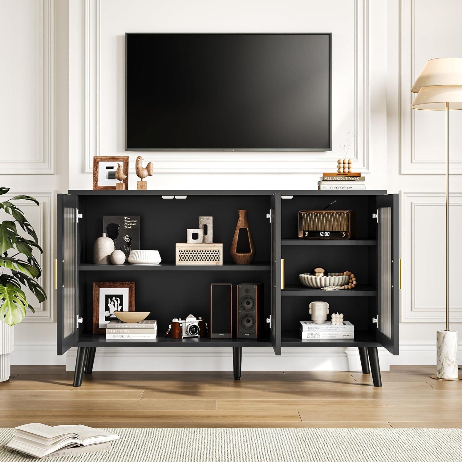 Buffet Cabinet with Storage, 48" Large Sideboard Cabinet with 3 Fluted Glass Doors, Black Cabinet for Kitchen, Dinning Room, Hallway, Living Room