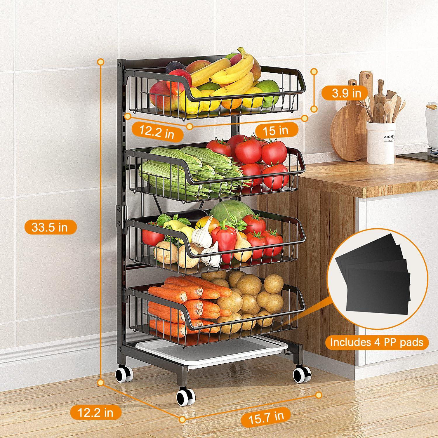 Sensch 4 Tier Fruit Basket Kitchen Organizers and Storage-Wooden Top Table, Rolling Utility Storage Cart, Black