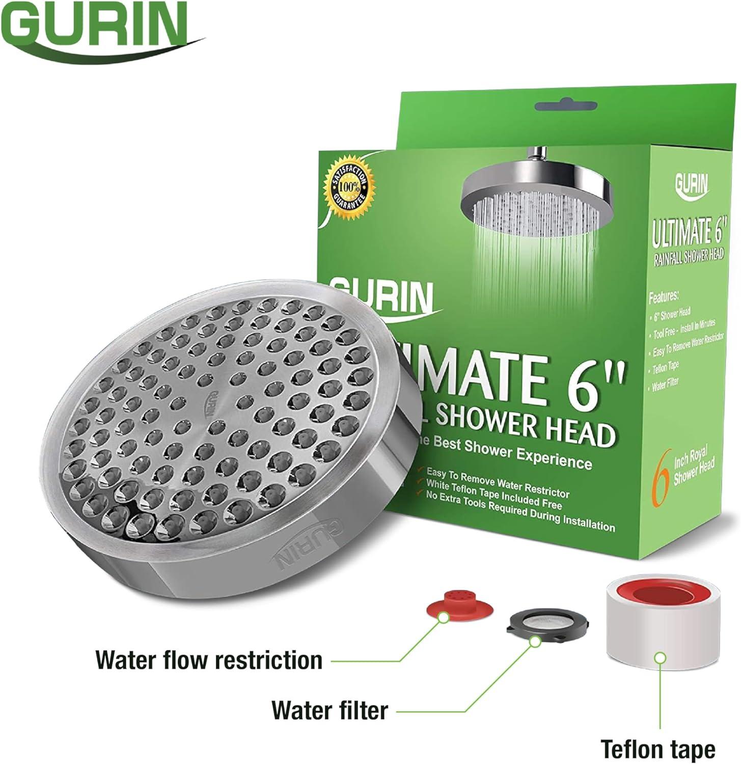 Gurin Shower Head High Rain, Luxury Showerhead with Chrome Plated Finish, Adjustable Angles, Anti-Clogging Nozzles (California GPM)