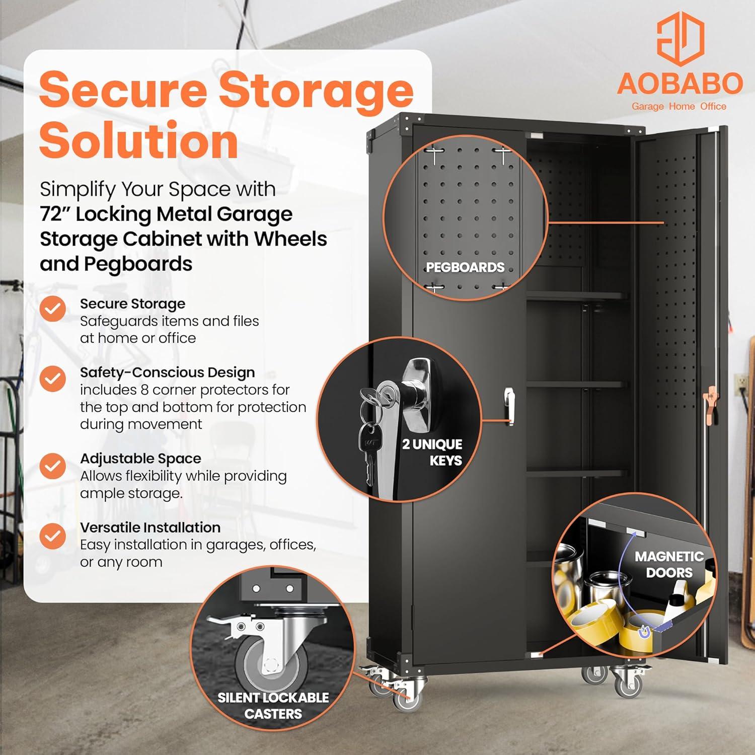 AOBABO 72 Inch Locking Metal Garage Storage Cabinet with Universal Rubber Wheels with Lockable Casters, Pegboards, and Magnetic Doors, Black