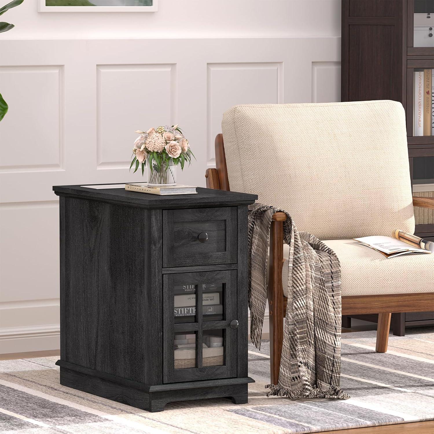 FAGAGA End Tables for Living Room with Charging Station, Wooden Nightstand for Bedroom with Storage Detachable Holder | Blackgrey