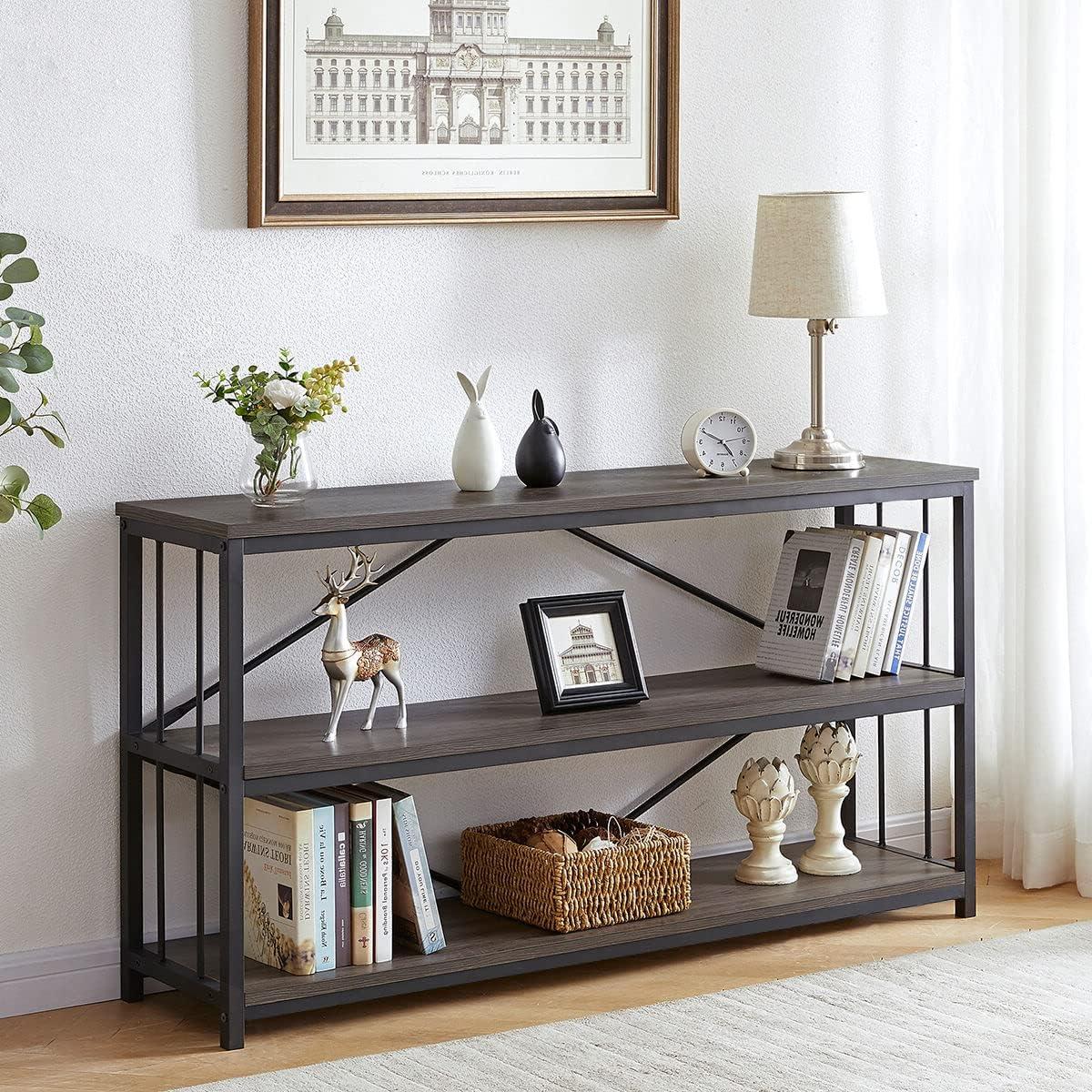 Dark Gray Oak and Metal 3-Tier Console Table with Storage