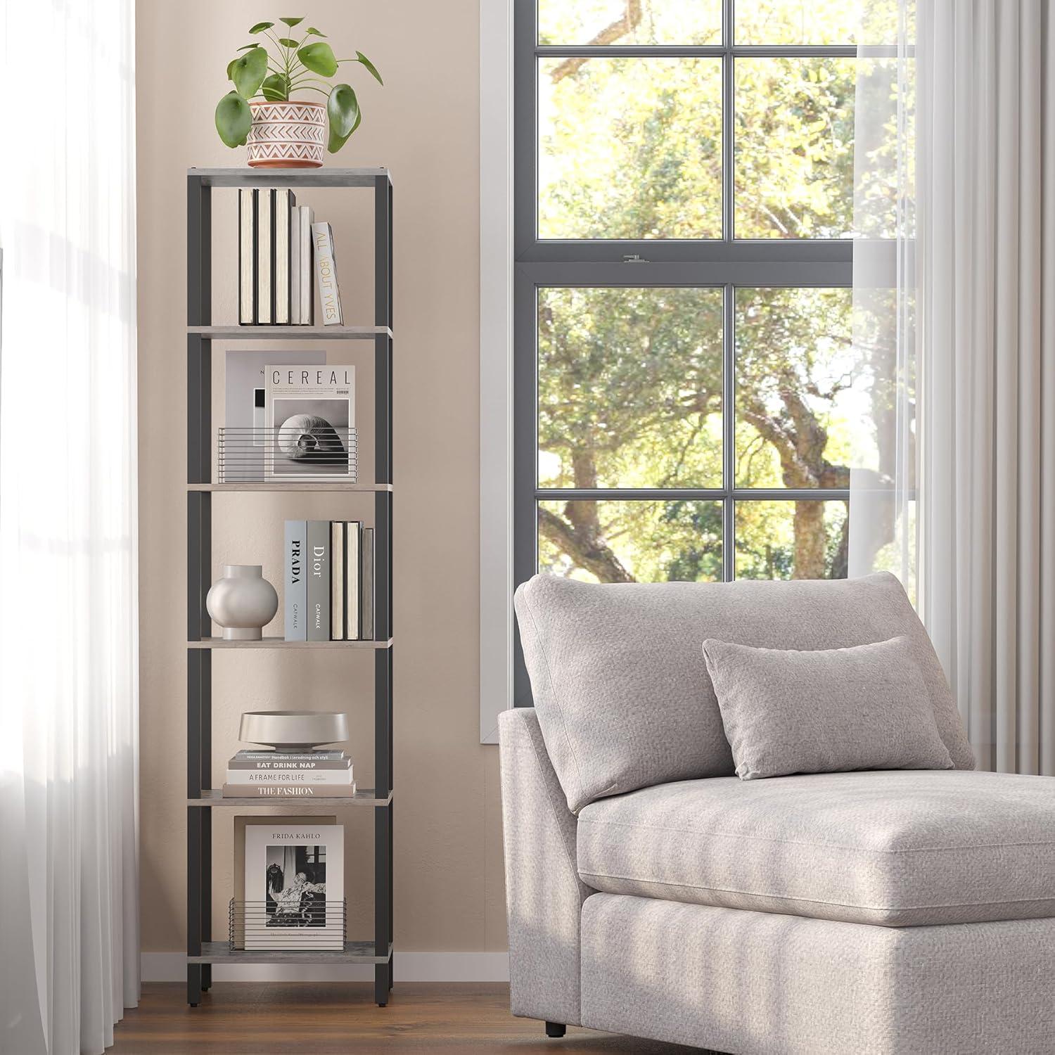 Greige and Black 6-Tier Tall Narrow Bookshelf