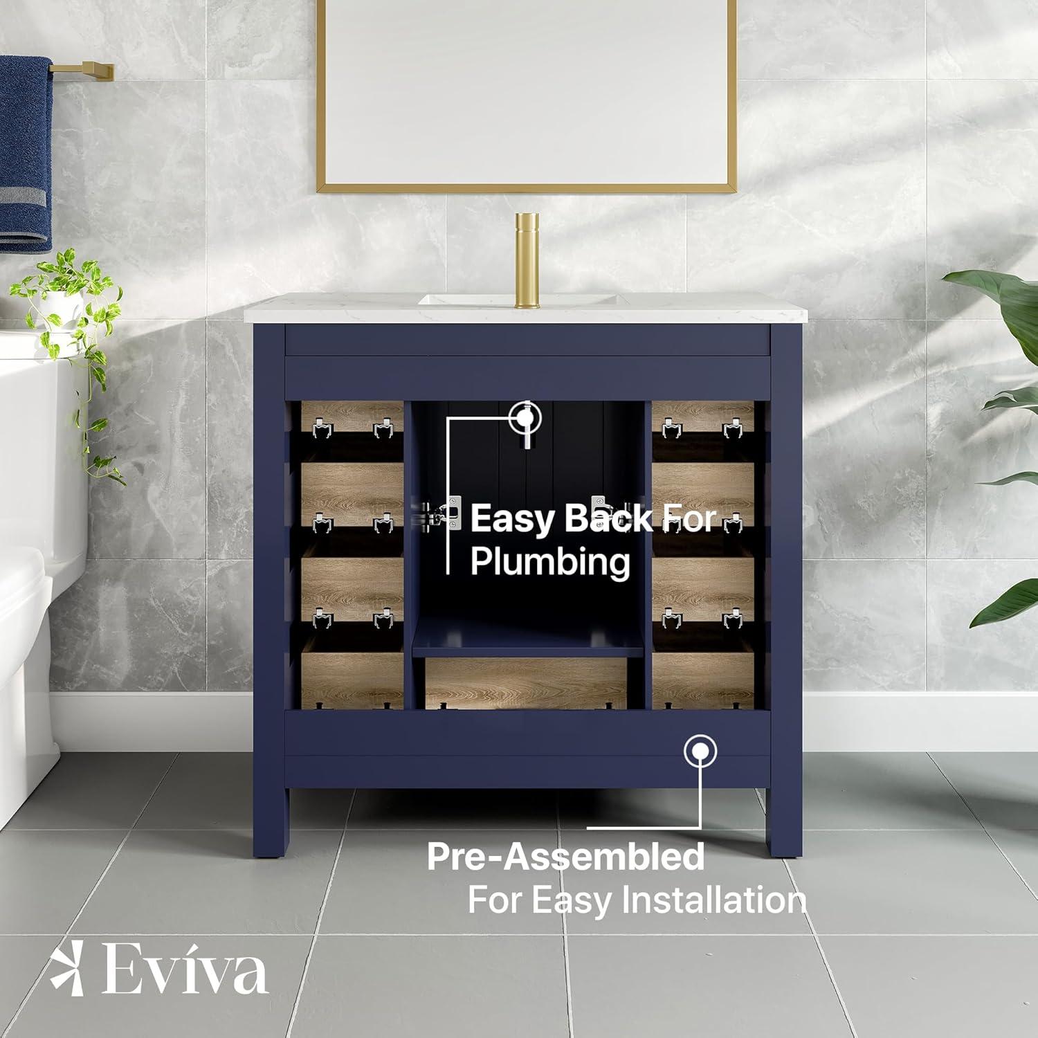 Eviva Hampton 36" Gray Transitional Bathroom Vanity w/ White Carrara Top