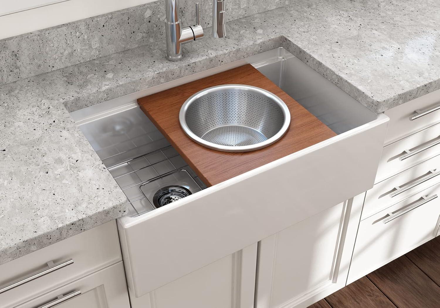 BOCCHI Wood Board With Large Round Stainless Steel Mixing Bowl And Colander F/1344, 1348, 1360, 1362, 1504, 1505, 1506 (Short Side Only), 1627, 1628